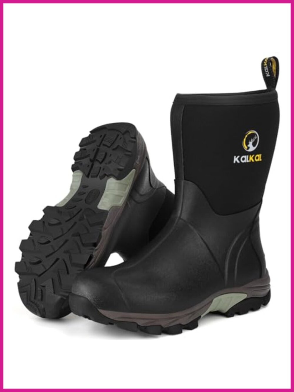 Kalkal Mens Waterproof Insulated Mid Calf Rubber Rain Boots